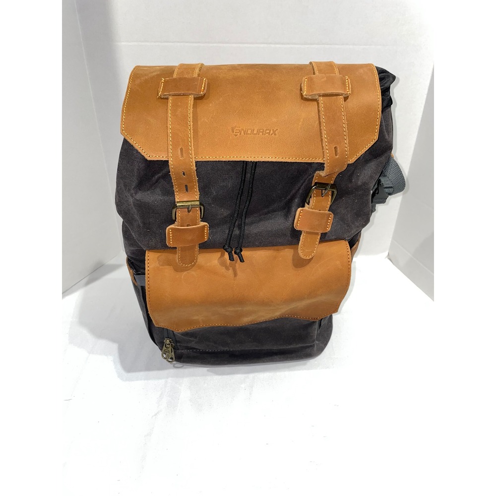 Endurax Waxed Canvas Camera Backpack Leather Trim Vintage Rucksack Black Brown